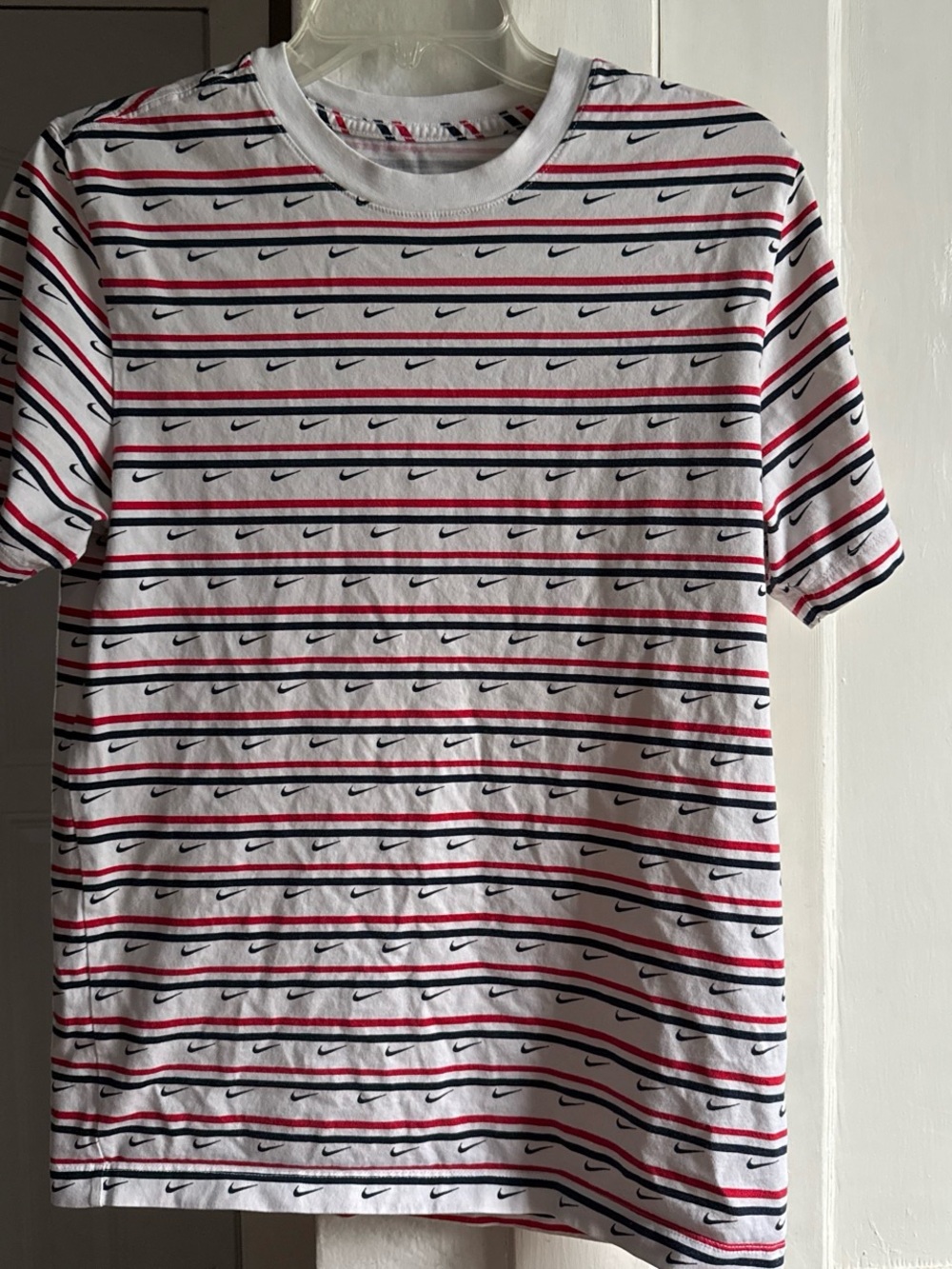 Nike White Short Sleeve Tee with Red & Navy Stripes and Repeat Swoosh
